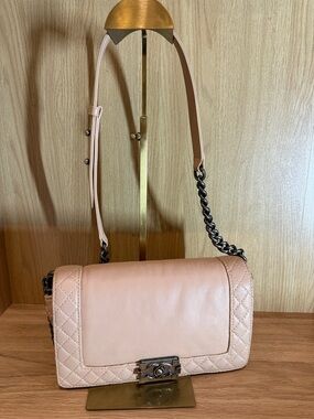 Chanel Boy Bag Quilted Shoulder Bag or cross body bag in Blush Beige.